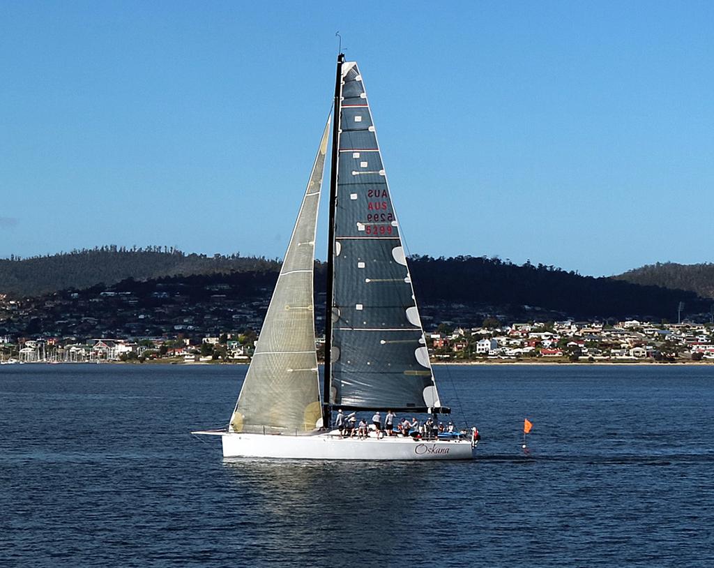 Oskana crossing the finish line to take line honours. - 2017 Maria Island Yacht Race ©  Stephen Shield